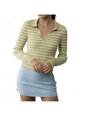 AE Long-Sleeve Collared Polo Sweater American Eagle Green Striped XS